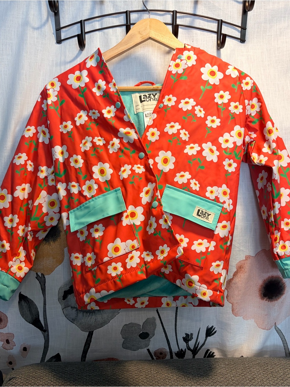 Lazy One Kids Rain Jacket in Bright Pink with White, Yellow & Aqua Accents